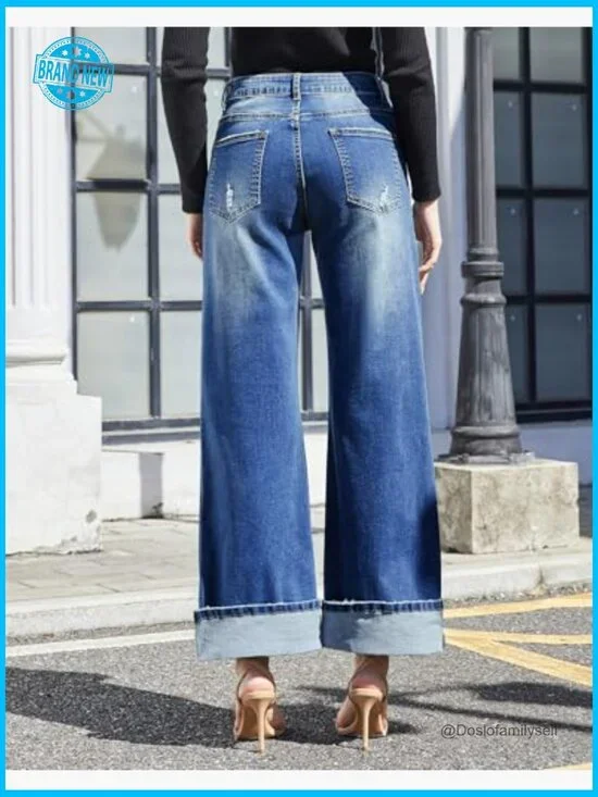 Wide Leg Jeans High Waisted Stretchy Cuffed Baggy Denim Pants Y2K - Picture 2 of 6